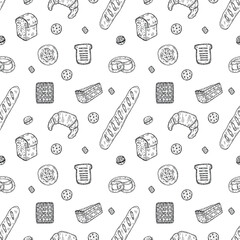 Seamless pattern with cute hand drawn bakery icons. Doodle vector collection. Good morning food illustration