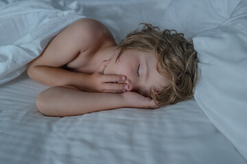 Cute kids sleeping in bed. Close-up portrait of sleeping little boy. Little angel dreams.