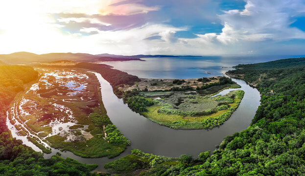 Ariel View of drone above river Ropotamo.Primorsko reserve, Black Sea, Bulgaria.