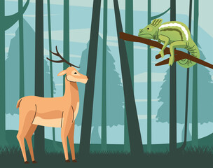 wild chameleon and reindeer animals scene