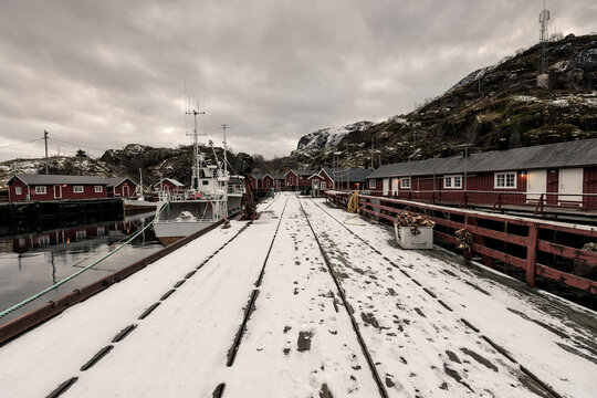 Nusfjord harbor in winter, Lofoten Islands. Norway