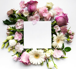 Pink flowers in  frame with white square for text