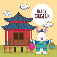 happy chuseok celebration with chinese building and rabbit