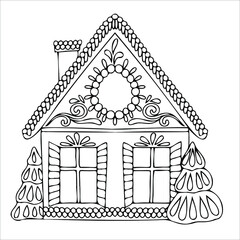 Fototapeta premium line drawn gingerbread houses, cookies, Christmas sweets and treats, gingerbread house shaped gingerbread cookies with decorations, fairy tale houses coloring book. Vector illustration