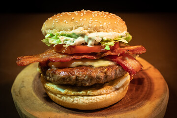 hamburger wooden background Australian bread 