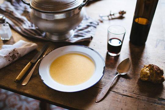 Still life of retro tureen and broth