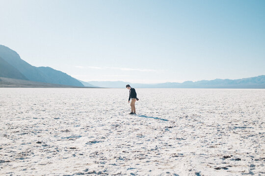 male in desolate landscape salt flat california