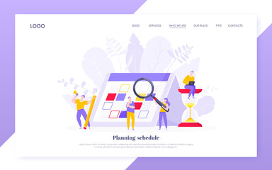 Calendar planning schedule business concept vector illustration. Tiny people with magnifier glass, big hourglass do working plan on day calendar and checks dates. Time management deadline web template