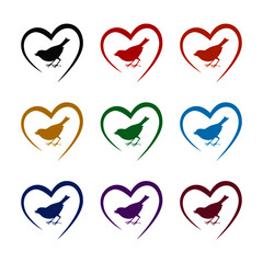 Bird on heart icon, color set