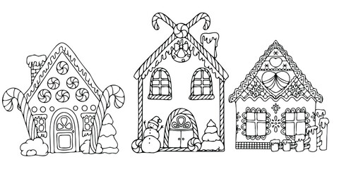 line drawn gingerbread houses, cookies, Christmas sweets and treats, gingerbread house shaped gingerbread cookies with decorations, fairy tale houses coloring book. Vector illustration