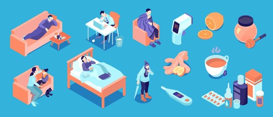 Isometric Cold Flu Virus Color Icon Set
