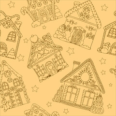 Pattern with mono-frame bakery houses, cookies, Christmas sweets and treats, gingerbread house-shaped cookies with decorations, striped lollipops, candies Vector illustration