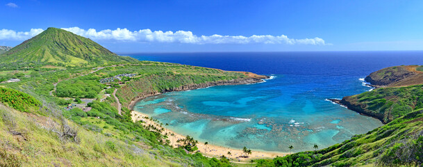 Panorama of world famous snorkeling spot at Hanauma on the island of Oahu in Hawaii