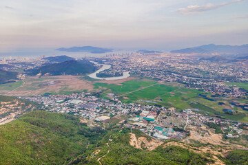 Mountains, river and city of Nha Trang, view from a drone