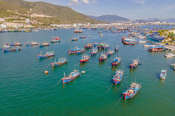 Vietnamese boats on the river. River pollution