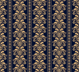 Wallpaper in the style of Baroque. Seamless vector background. Gold and dark blue floral ornament. Graphic pattern for fabric, wallpaper, packaging. Ornate Damask flower ornament