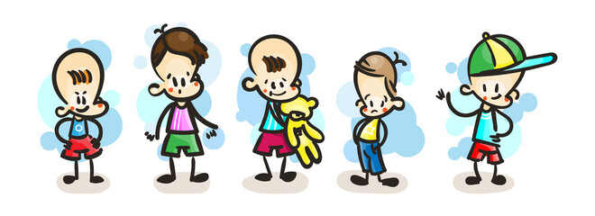 Collection of happy cartoon kids, colored hand drawn doodle outline style