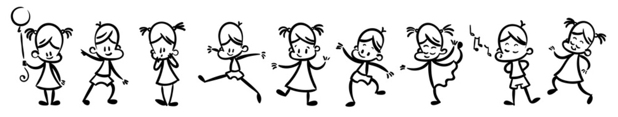 Collection of happy cartoon kids, lined hand drawn doodle outline style