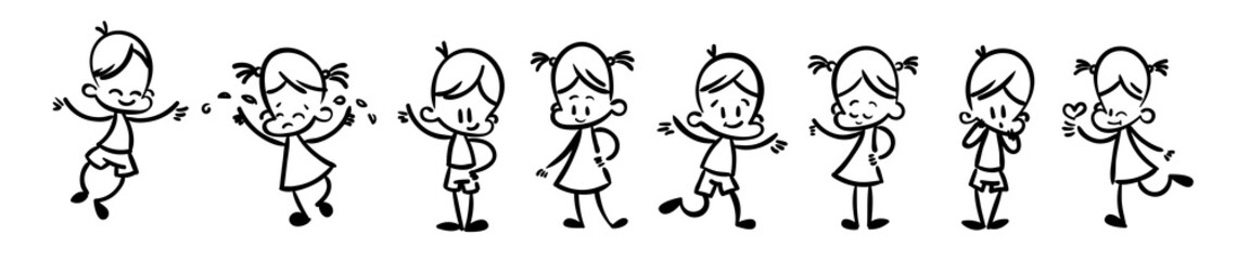 Collection of happy cartoon kids, lined hand drawn doodle outline style