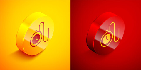 Isometric Watch with a chain icon isolated on orange and red background. Circle button. Vector.
