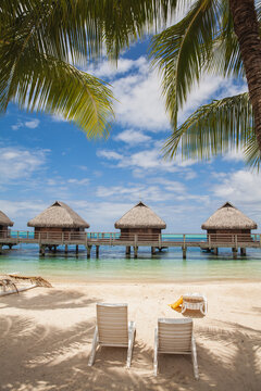 Two empty lounge chairs sit on the beach looking out at beach bungalows at a Tahitian resort.