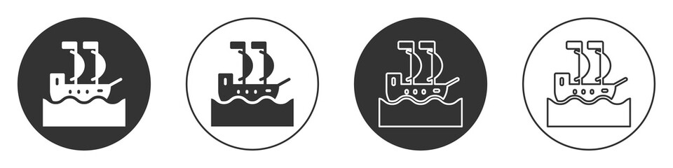 Black Sailboat or sailing ship icon isolated on white background. Sail boat marine cruise travel. Circle button. Vector.