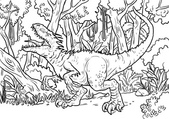 Carnivorous dinosaur - raptor. Dino isolated drawing. Coloring book template.