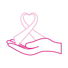 breast cancer awareness month, hand holding ribbon shaped heart healthcare concept line icon