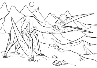 Prehistoric pterosaur - Quetzalcoatlus. Flying reptiles from jurassic period. Coloring book template. © Lunstream