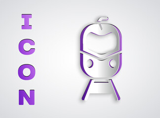 Paper cut Train and railway icon isolated on grey background. Public transportation symbol. Subway train transport. Metro underground. Paper art style. Vector.