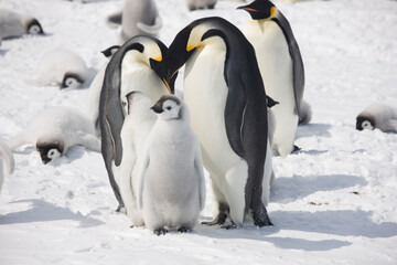 Antarctica feeding emperor penguin chick close up on a cloudy winter day