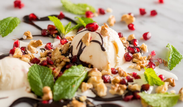 Vanilla Sundae with Chocolate Sauce on Marble