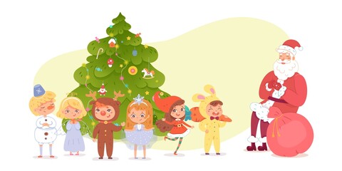 Obraz na płótnie Canvas Kids in costumes at Christmas party with santa. Cute happy children wearing xmas suits vector illustration. Girls and boys dressed, santa with bag of presents, new year tree in background