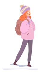 Woman standing in winter clothes outside. Happy girl in warm jacket and hat, standing in snow with backpack. Outfit for park walk vector illustration. Outdoor leisure activity