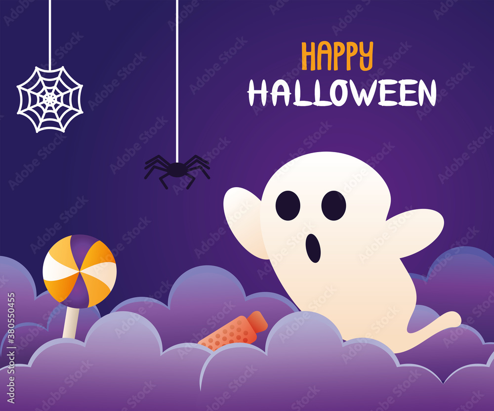 Canvas Prints halloween celebration ghost with lettering and spider hanging