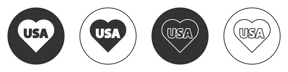 Black USA Independence day icon isolated on white background. 4th of July. United States of America country. Circle button. Vector.