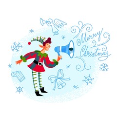 Christmas elf shouting in loudspeaker. Cute xmas character preparing for merry celebration, calling. Winter holiday vector illustration. Funny little boy in dwarf outfit