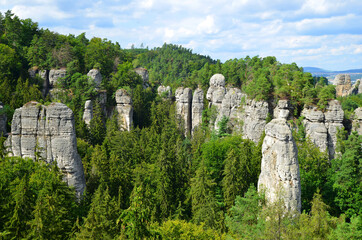View on rocky sandstone formations in Hruba Skala, Bohemian Paradise (Cesky Raj), Czechia.