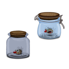 Glass jar with wooden lid with spider inside. Illustration in two versions.