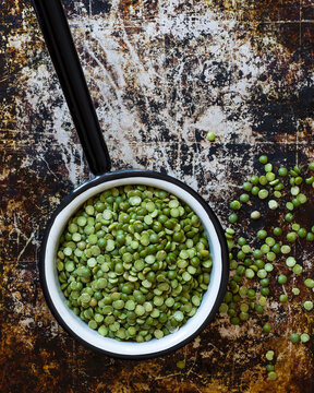 Shelled green peas in a saucepan for a Fall Split Pea Soup