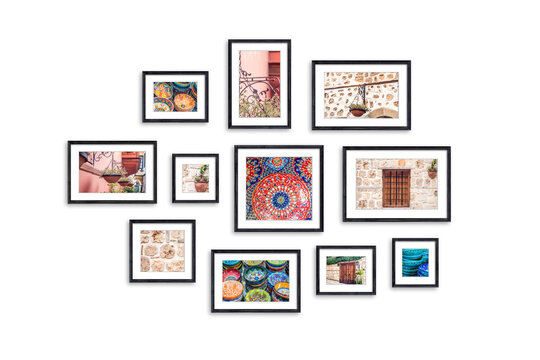 Frames collage with street photography in old city, eleven frameworks set isolated on white wall