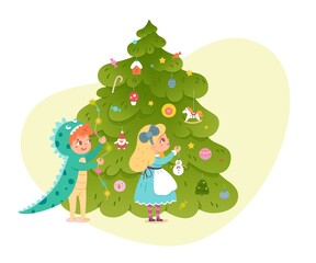 Kids decorating Christmas tree at party. Cute happy children wearing xmas dress vector illustration. Smiling little girl and boy putting toys, garland decoration on new year tree indoor