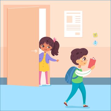 Children at school break. Happy cute boy walking with book at hall corridor, smiling, girl standing at classroom door. Education vector illustration. Fun time in hallway