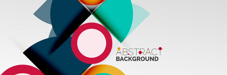 Bright color circles, abstract round shapes and triangles composition with shadow effects. Vector modern geometric design template