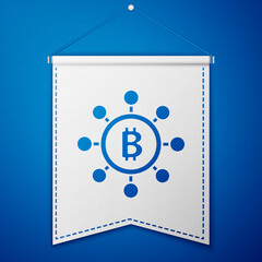 Blue Blockchain technology Bitcoin icon isolated on blue background. Abstract geometric block chain network technology business. White pennant template. Vector.