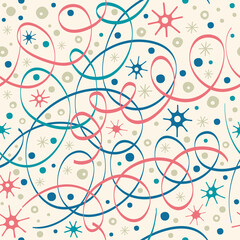 Festive background. Seamless pattern with streamer and confetti on a white background.