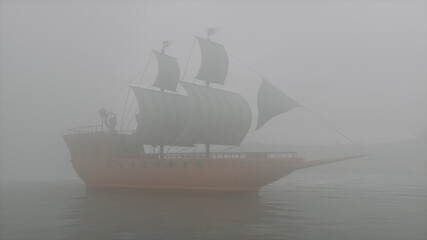 3D Illustration of an old wooden warship on a foggy river