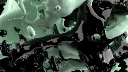 3D render, Green and Black liquids Splash, Abstract fluid  background