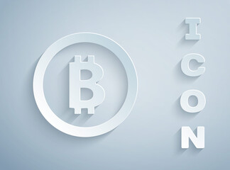 Paper cut Cryptocurrency coin Bitcoin icon isolated on grey background. Physical bit coin. Blockchain based secure crypto currency. Paper art style. Vector.