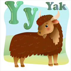 Letter Y, cute fluffy yak, kitschy shaggy bull or calf. Fluffy cow drawn in cartoon style. Children's English alphabet. Vector illustration isolated